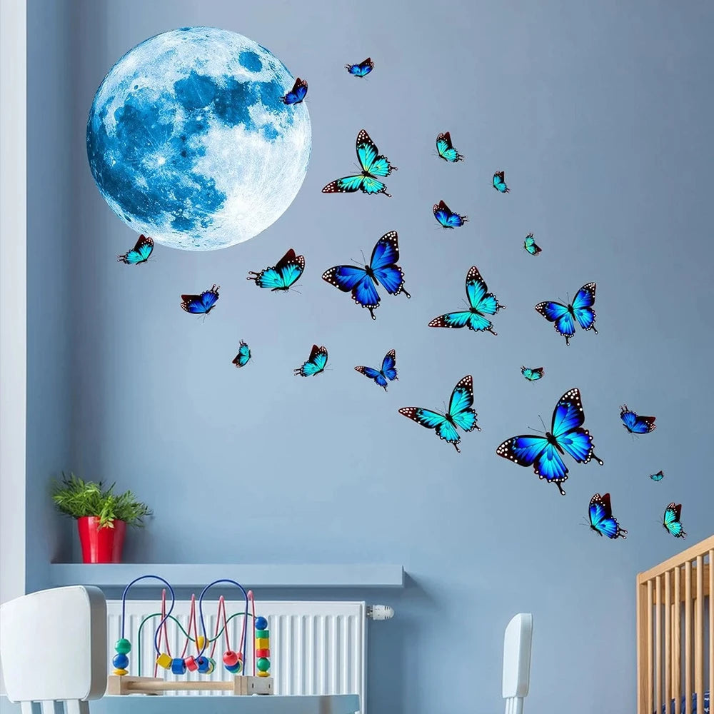 4Pcs/Set Moon & Butterfly Glow In The Dark Wall Sticker Bedroom Home Wall Decoration