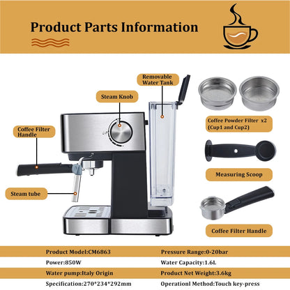 Coffart By BioloMix 20 Bar Italian Type Espresso Coffee Maker Machine with Milk Frother Wand for Espresso, Cappuccino and Mocha