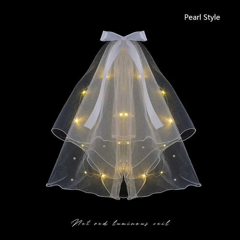 1pcs Glow Wedding Veil LED Light Bowknot Pearl Veil Glow In The Dark Party Favor Wedding Birthday Party Cosplay Hair Accessories