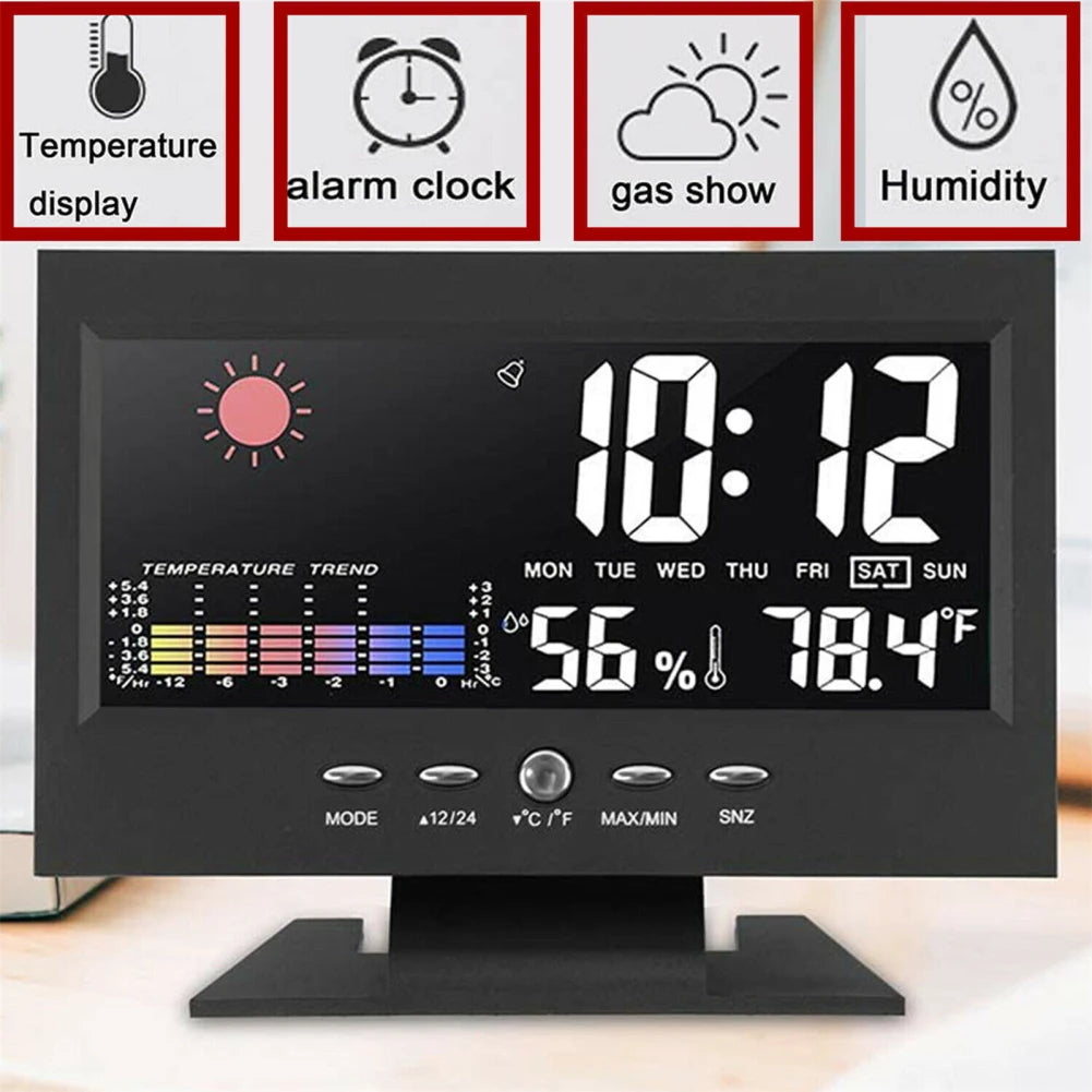 5-i-1 LED digital vekkerklokke kalenderdisplay termometer luftfuktighetsmonitor med snooze-funksjoner