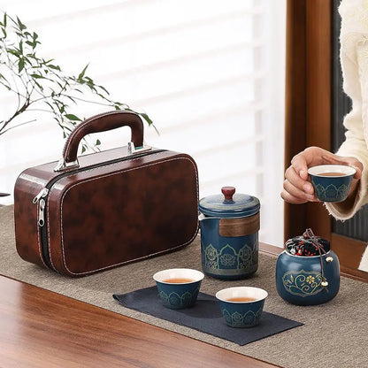 Travel tea set, portable Kung Fu tea set, ceramic teapot, tea can, tea cup, outdoor quick cup, tea can, leather bag packaging