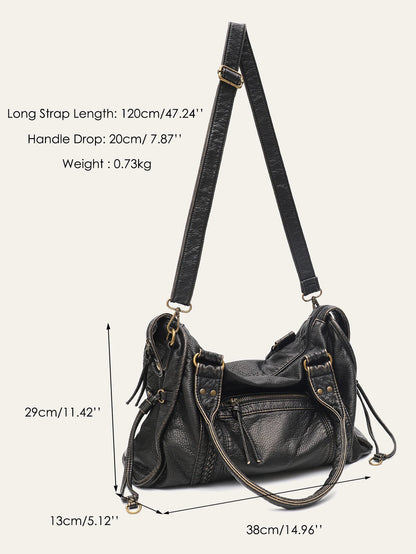 Vintage gewaschenes PU-Leder, große Kapazität, Reißverschlusstaschen, Zopfdekor, Schulter-Umhängetasche, Unisex, Damen, tägliche Reisehandtasche