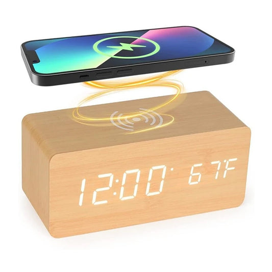 Control de voz de madera Clock de alarma digital Temperatura inalámbrica Temperatura Modo de noche Tabla de mesa 3 Alarma 12/24H Reloj LED