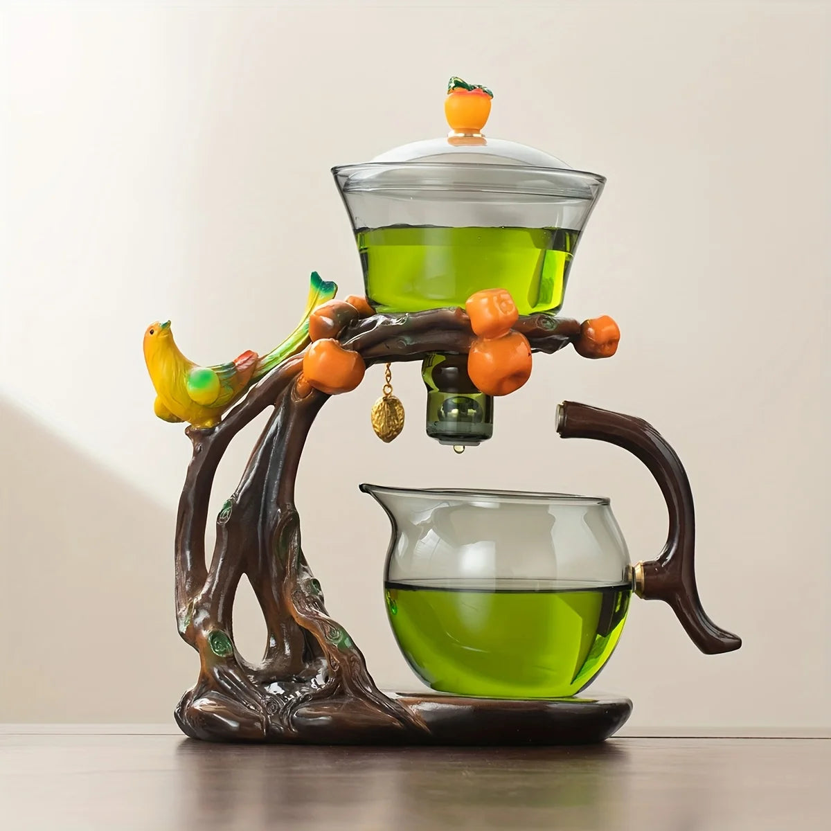Eco-Inspired Faux Wood Glass Teapot - Magnetic One-Touch Infuser | Nature Decor, Spill-Proof, Ceremonial Tea Set