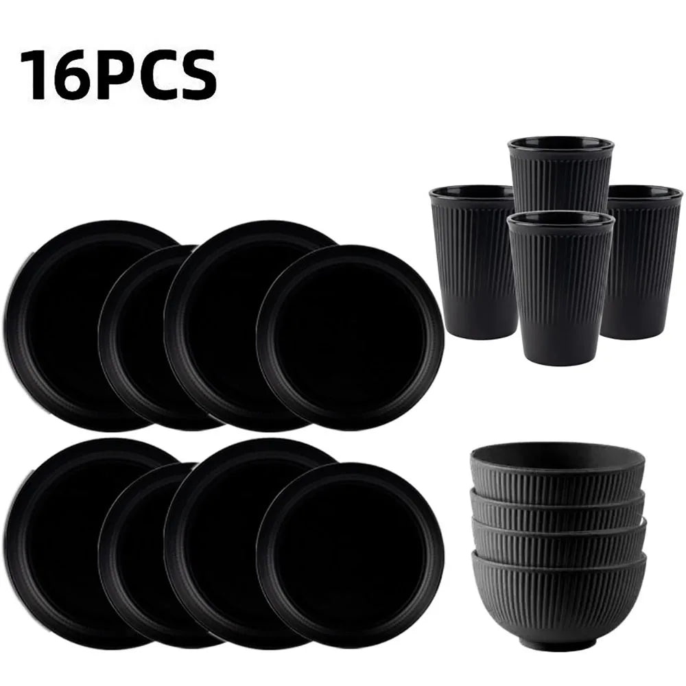 4/16Pcs Black Wheat Straw Cutlery Set Dishes Bowls Disk Water Cup Tableware Set Unbreakable Reusable Kitchen Dinnerware Set