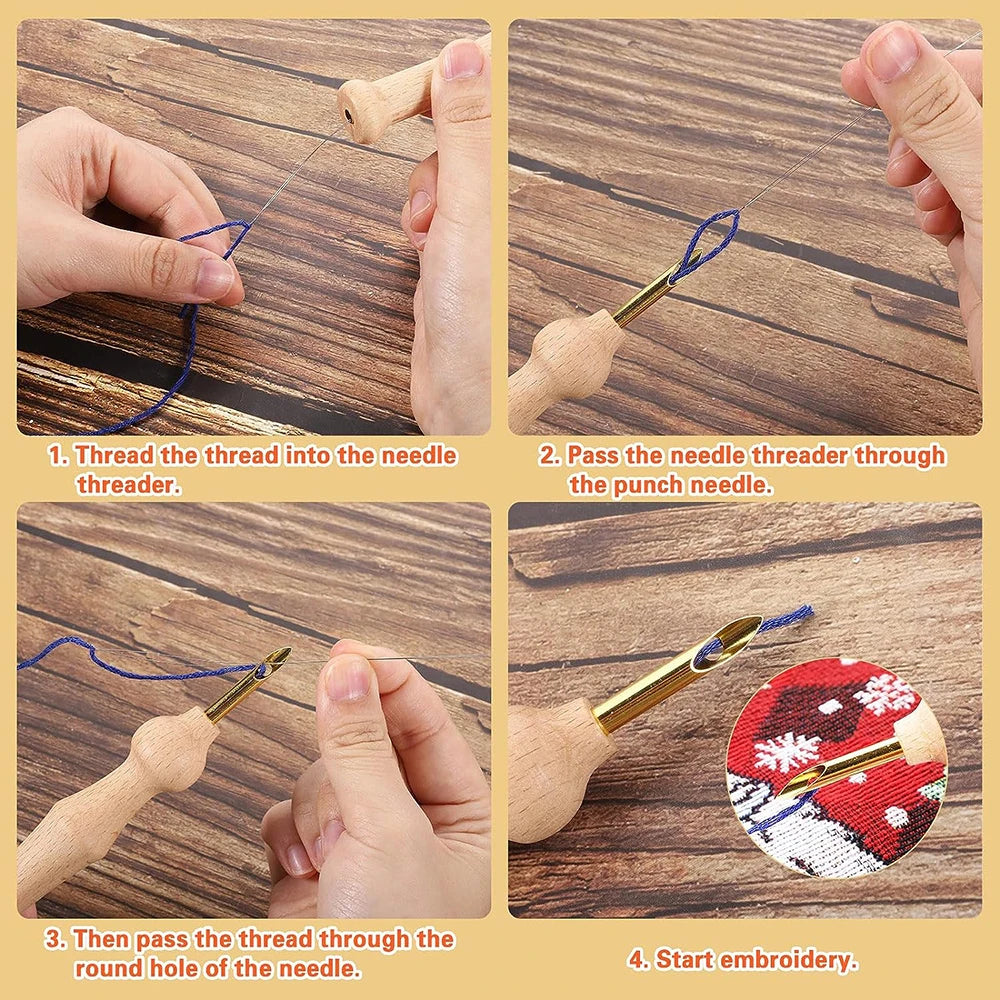 13PCS Embroidery Punch Needle Kits Sewing Wooden Handle Embroidery Pen Rug Hooking Tool for DIY Stitching Craft Embellishment