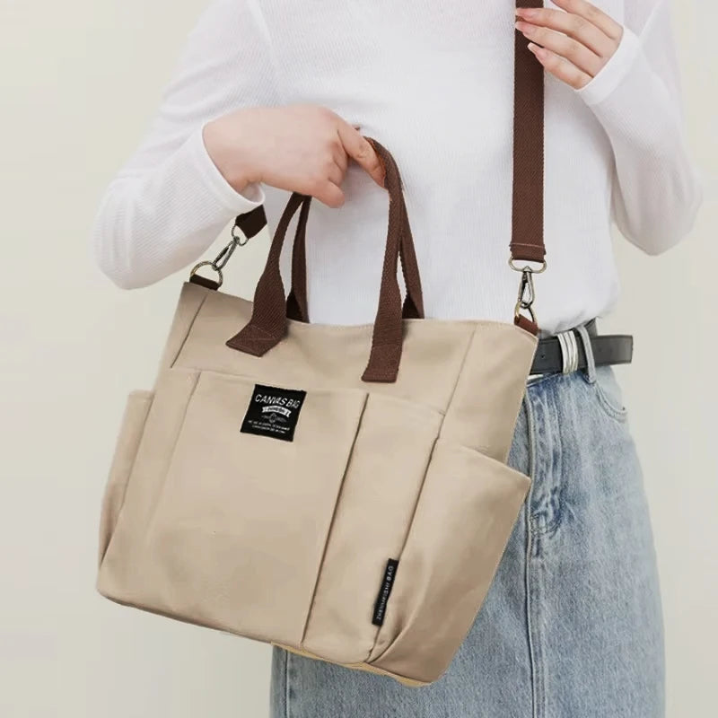 Urban Minimalist Female Student Large Capacity Commuting Horizontal Canvas Single Shoulder Diagonal Cross Portable Tote Bag