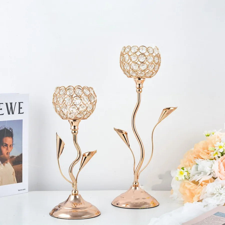 Gold Crystal Candle Holder, Iron Flower Shaped Candlestick Small Vintage Candlestick Set for Table Centerpiece Wedding Birthday