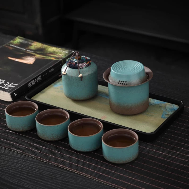 Kiln turned retro spring green coarse pottery, a pot of 4 cups of tea, small box, simple outdoor living room, tea room