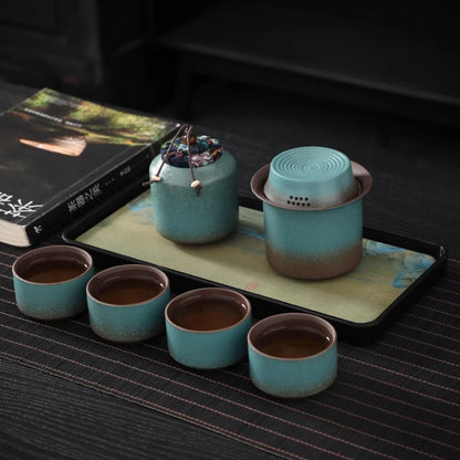 Kiln turned retro spring green coarse pottery, a pot of 4 cups of tea, small box, simple outdoor living room, tea room