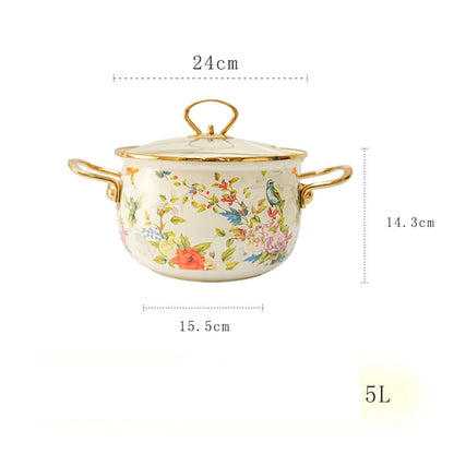 Enamel Soup Pot Retro Flower Bird Binaural Large Capacity Stew Pot with Lid Home Enamel Utensils for Kitchen Delicate Cookware