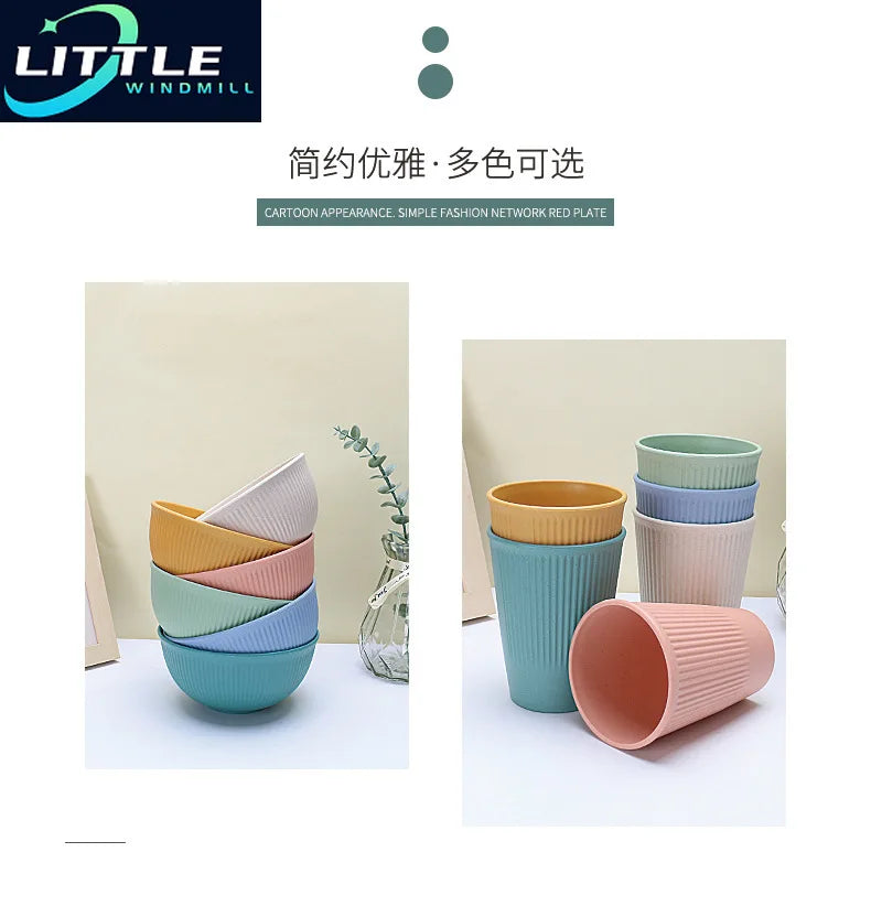 6pcs Wheatgrass Candy Color Tableware Set, Bowl, Cup, Dish Set, Fruit Salad Vertical Pattern, Picnic, Camping Tableware Set