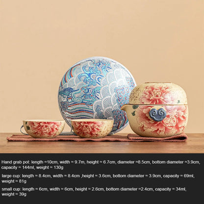 Hand Drawn Floral Ceramic Teaware Set Portable Travel Tea Set Outdoor Camping Kung Fu Tea Set 1 Pot 3 Cups Tea Brewing Utensils