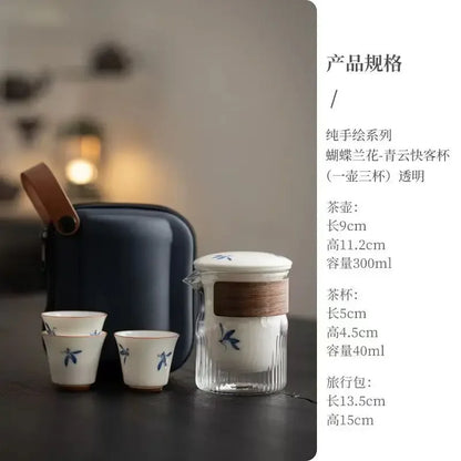 Hand Painted Orchid Travel Tea Set Suit Portable Portable Outdoor Tea Making Gaiwan Ceramic One Pot Fills Three Cups