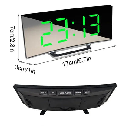 Curved Screen Mirror LED Digital Clock Creative Digital Alarm Clock with Large Display USB Charging Powered Bedside Table Clock