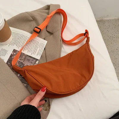 1pc Solid Color Nylon For Women Large Capacity Travel Crossbody Half Moon Daily Street Fanny Pack Waist Bag