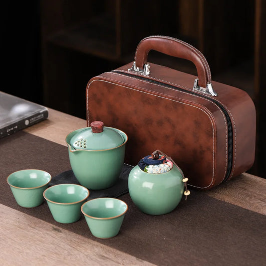 Ru Kiln Travel Tea Set Kuaike Cup Outdoor Portable Kung Fu Tea Set Business Souvenir Gift Set  Ceramic  Teaware Sets