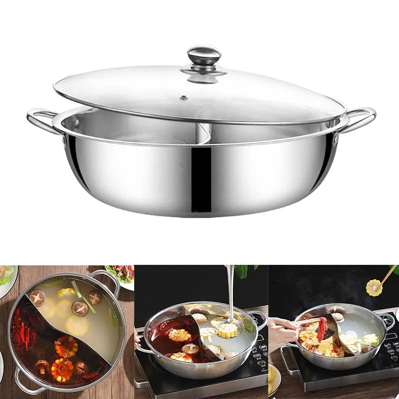 32 cm Twin Divided Hot Pot de acero inoxidable Cocina Hotpot Cooking Cocina Cocina Plato Plaza de gasolina compatible con estufa de gas