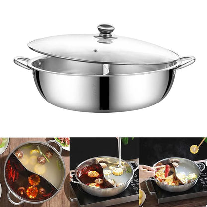 32cm Twin Divided Hot Pot Stainless Steel Hotpot Kitchen Cooker Home Cooking Cookware Dish Plate Compatible Cooker Gas Stove